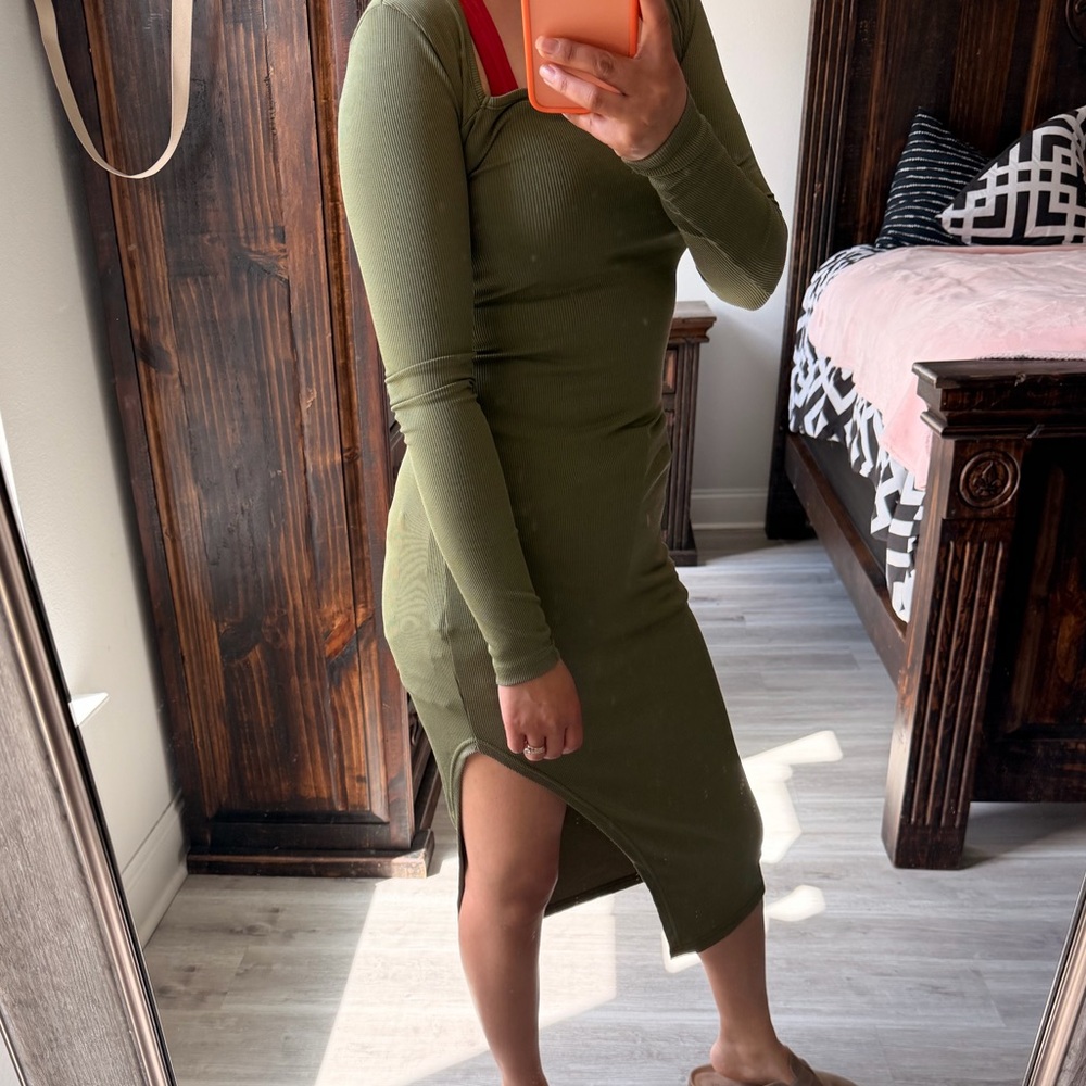 SHEIN Olive Green Long Sleeve Ribbed Midi Dress with Side Slit
